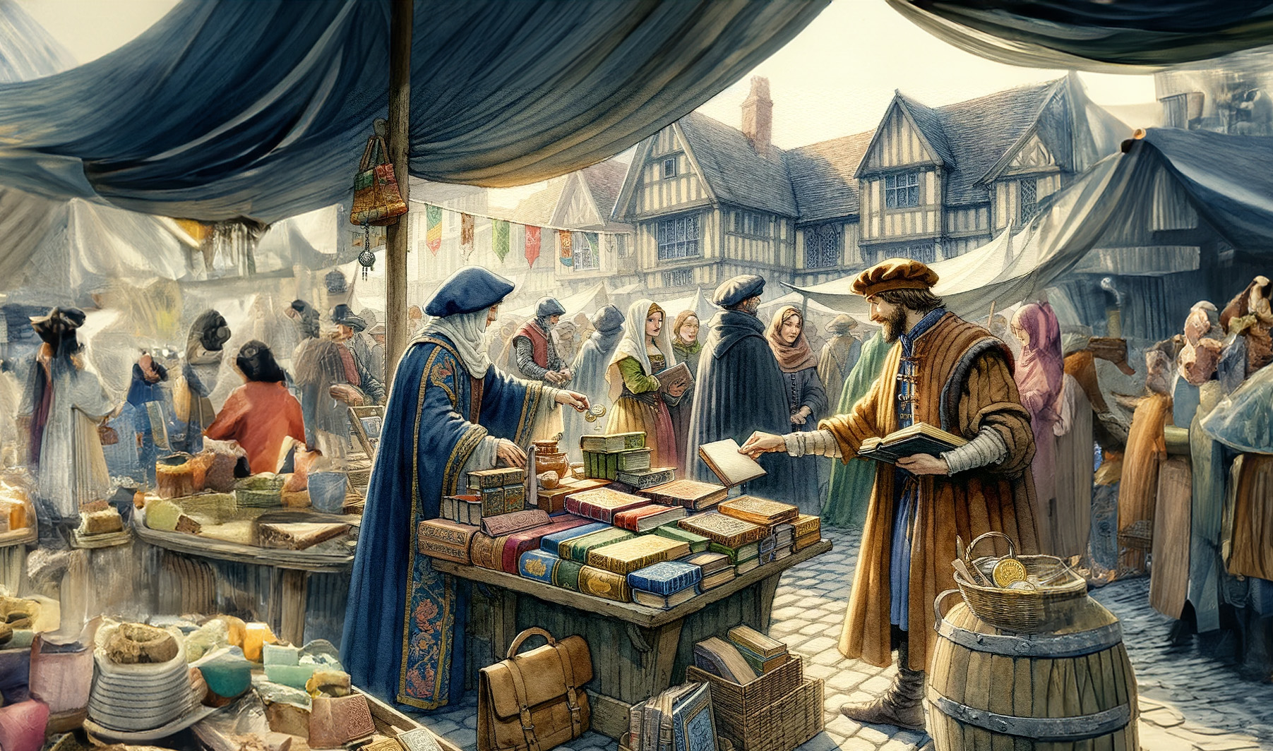 DALL·E 2024 03 04 15.26.47 A medieval marketplace vibrant and colorful bustling with people and goods. In the center a person dressed in typical medieval garments is in the p